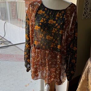 Oddly Floral Sheer Tunic Blouse with Long Sleeves